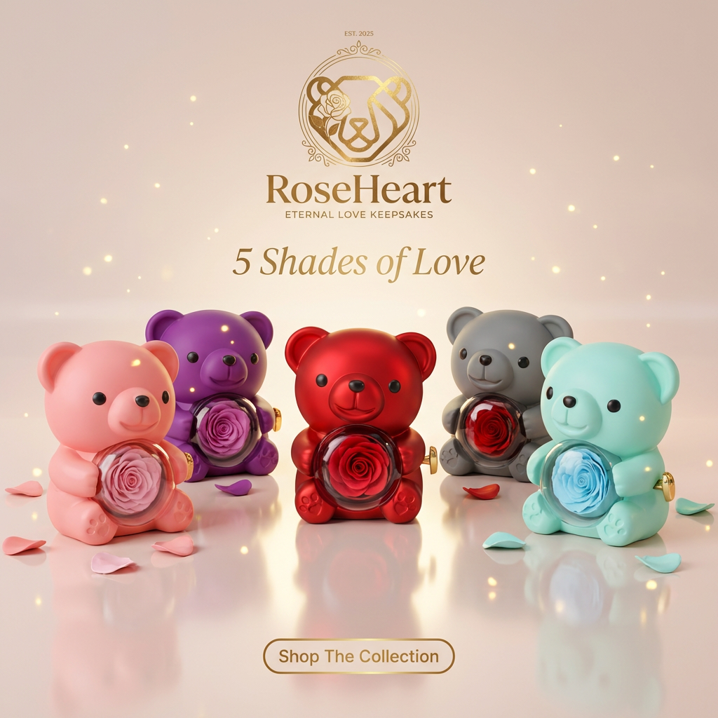 RoseHeart Color Collection lineup — five luxury teddy bear keepsake boxes in coral, mint, red, purple, and grey, each cradling a preserved rose under the gold RoseHeart crest