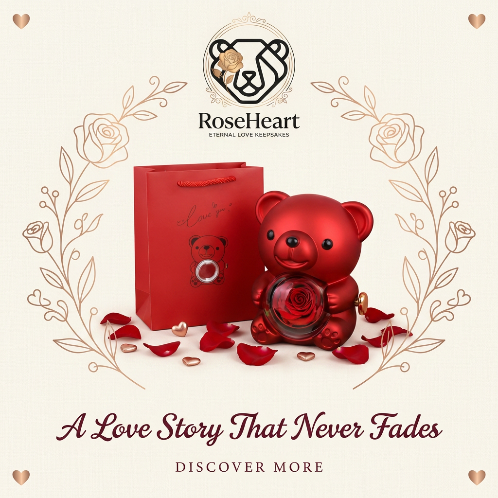 RoseHeart preserved-rose teddy bear keepsake jewelry box in Classic Red — front view showcasing the encased eternal rose and gold winding detail