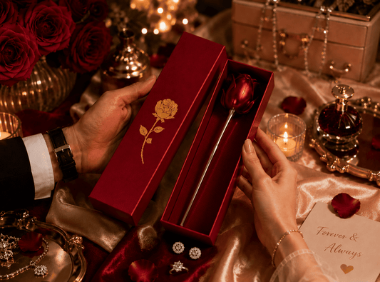Red box with a gold rose design held by hands, surrounded by romantic decor.