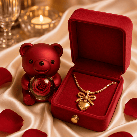 RoseHeart Teddy Bear Rose Jewelry Box with a free Heart necklace